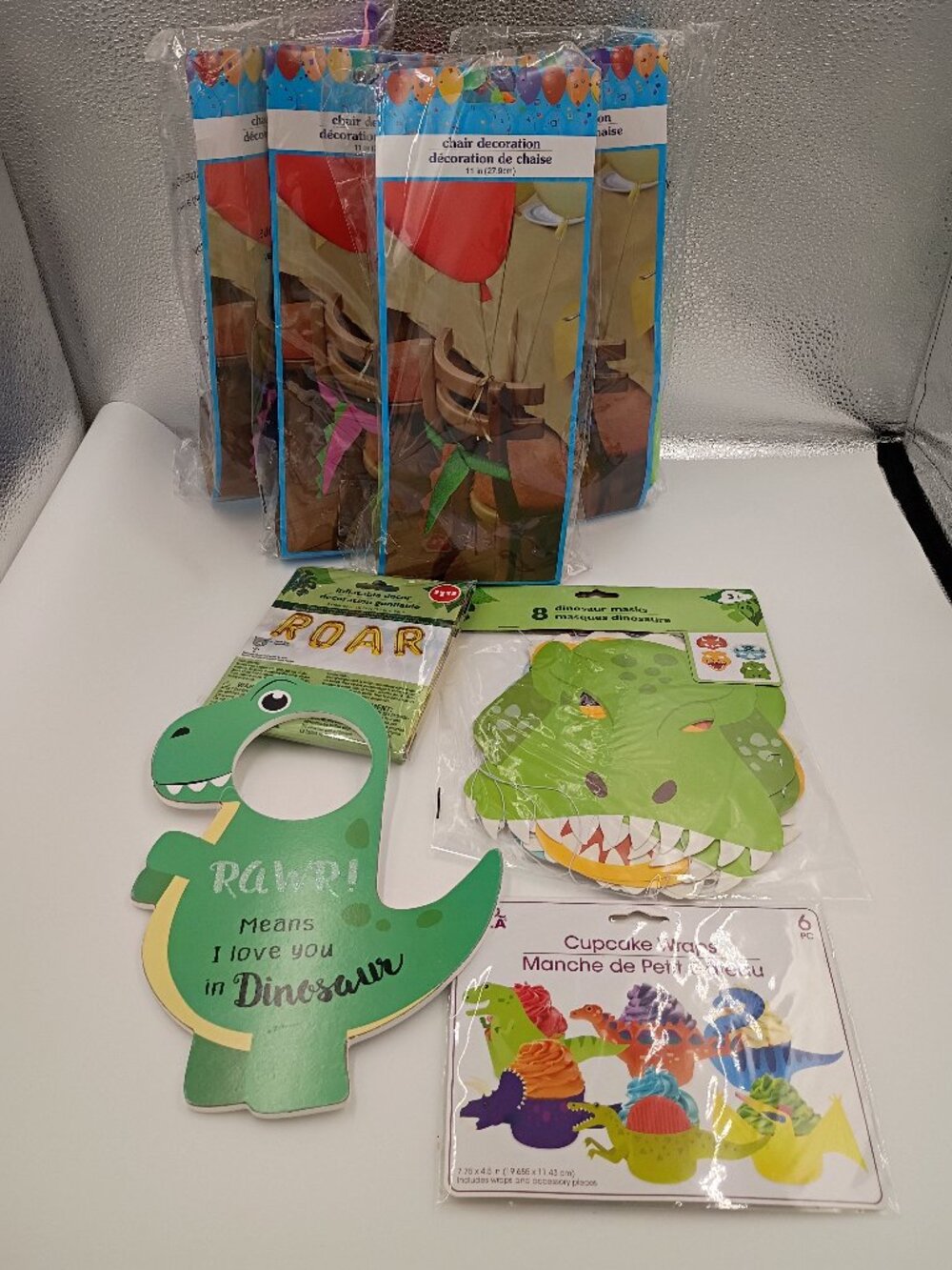 9-Pc Kids Dinosaur Birthday Party Bundle- Chair Tails ROAR Balloons Masks Decor